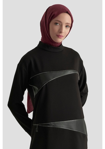 Armine Trend Deri Ve Fermuar Detaylı Fitilli Tunik Siyah 25kt452 Siyah