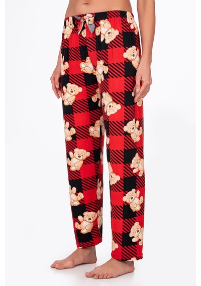Kompedan Kadın Süet Kırmızı Kareli Ayıcık Desenli Pijama Tek Alt Desen 8