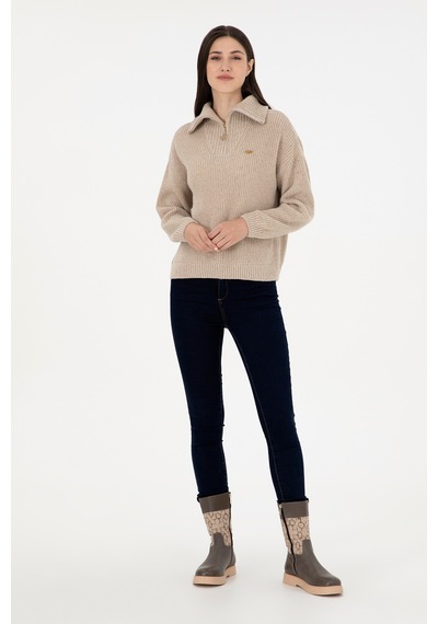 U.S. Polo Assn. Kadın Krem Melanj V Yaka Kazak 50297086-VR159
