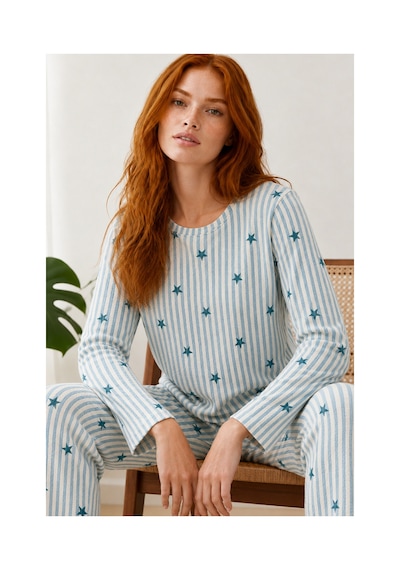 Fit Women Kadın Desenli Nefes Alan Mavi Pijama Takımı 4699
