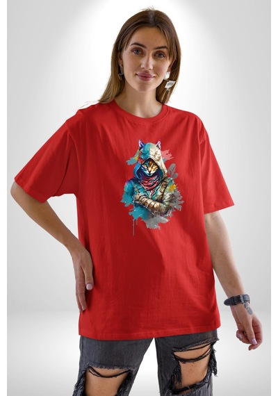 Kedi Assassin's Creed Pamuklu Bisiklet Yaka Unisex Oversize Boyfriend Dijital Baskılı Kırmızı T-shirt Kırmızı