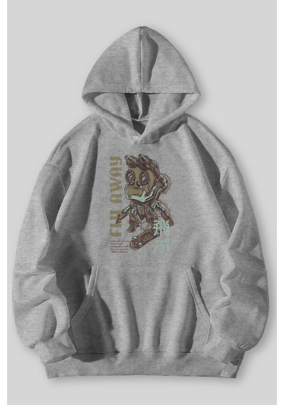 Harmandar Fly Away Baskılı Unisex Siyah Gri Kanguru Cepli Kapüşonlu Sweatshirt Hoodie Gri