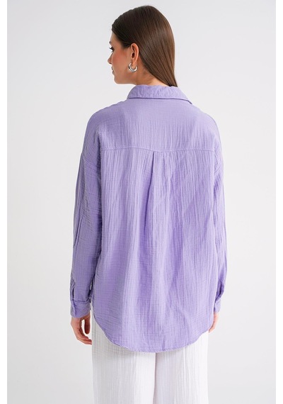 Mixray 3833 Kadın Oversize Cepli Müslin Gömlek Menekşe
