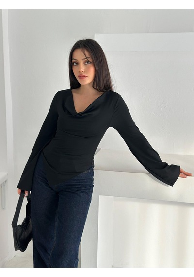 Ckm Moda Drapeli Uzun Kollu Bluz Siyah