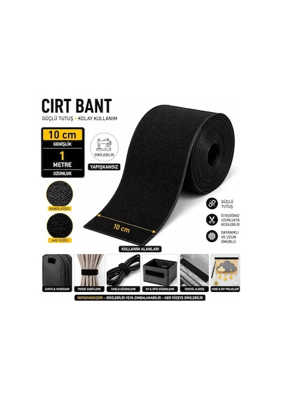 Paşateks Siyah Cırt Bant 10 Cm X 1 Metre Yapışkansız Velcro Bant Dikilebilir Kanca Hav Bant Seti Genel