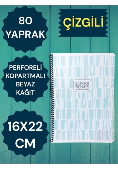 Çizgili 16x22 80 Yaprak Telli Defter Karton Kapak Perforeli Yeşil