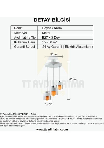 Tt205-3Y-By Tt Aydınlatma Beyaz - Krom 3 Lü Yuvarlak Avize