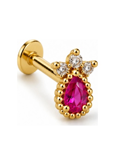 Altın Renk Pembe Damla Taşlı Taç Tragus Piercing Pır004