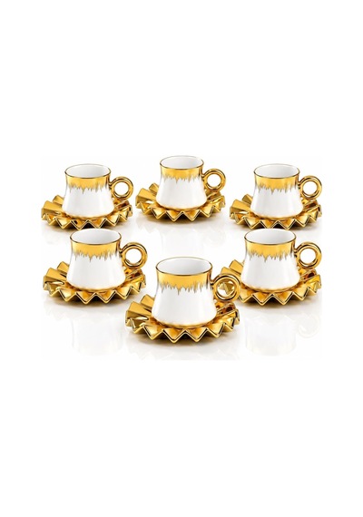6 Kişilik 12 Parça Türk Kahvesi Fincan Seti 100 Ml Beyaz Gold Detaylı Porselen Çok Renkli