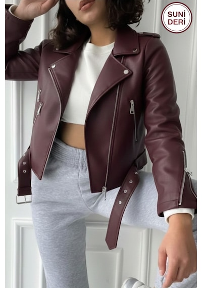 Meecy Kadın Zr Model Fermuar Ve Kemer Detay Deri Ceket Bordo Bordo