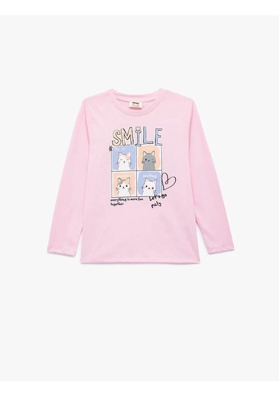 Koton Kedili Pamuklu Pembe Kız Çocuk Uzun Kollu T-shirt 6wkg10036ak Pembe