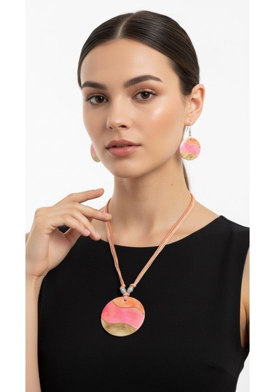 El Boyama Desenli Deniz Kabuğu Midye Kolye Küpe Set Pembe