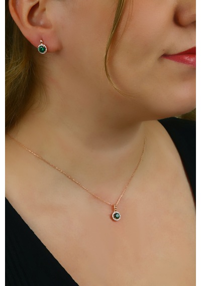Argentum Concept 925 Ayar Gümüş Rose Yeşil Taşlı Minimal Set - S014302