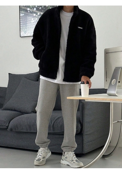 Genius Store Oversize Tam Fermuarlı Kuzu Sweatshirt İçi Polarlı Sherpa Kumaş Sweatshirt Siyah