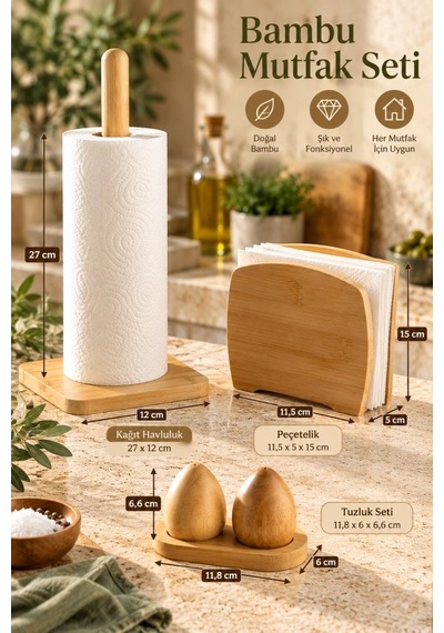 Atbyhome Bambum 3'lü Doğal Bambu Mutfak Tezgah Seti - Kağıt Havluluk Dik Peçetelik Ve Standlı Yumurta Tuzluk Takımı