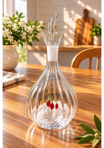 2 Adet Kirazlı 900 Ml Borosilikat Tombul Çizgili Cam Yağdanlık Ve Mermer Stantlı Yağlık Sirkelik Seti Şeffaf