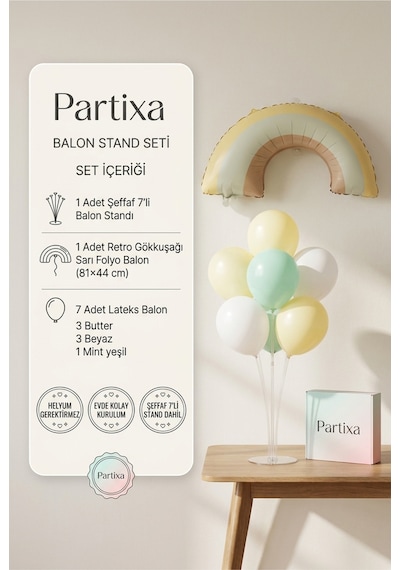 Retro Gökkuşağı Sarı Balon Stand Seti Şeffaf 7 Li Stand + Retro Gökkuşağı Folyo Balon 81 44 Cm + 7 Lateks Balon