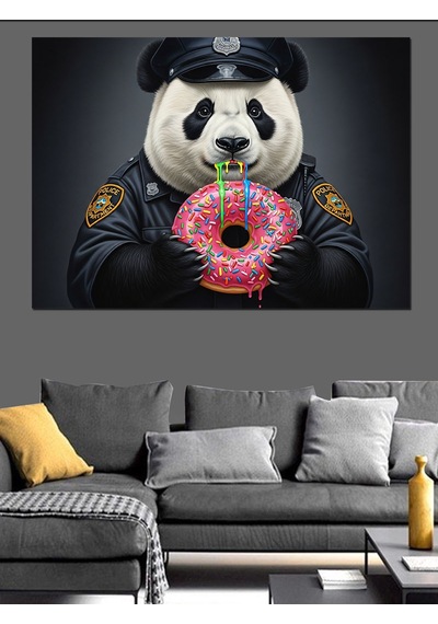 Panda Polis Pembe Donat Yiyor Dekoratif Kanvas - Mdf Ahşap Tablo