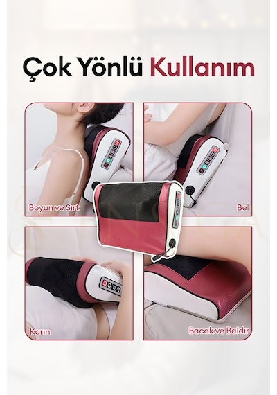 Elektrikli Masaj Yastığı Isıtmalı Yoğurmalı Kademeli Boyun Bel Sırt Araç Çakmaklıklı Adaptörlü Kırmızı