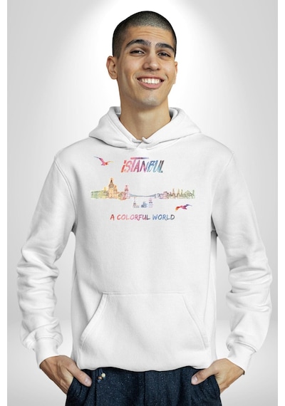 İstanbul Özel Tasarım Kadın Erkek Beyaz Kapüşonlu Sweatshirt Hoodie Beyaz