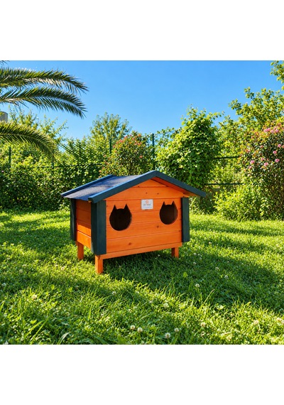 2 Yuvalı Ahşap Dış Mekan Kedi Evi