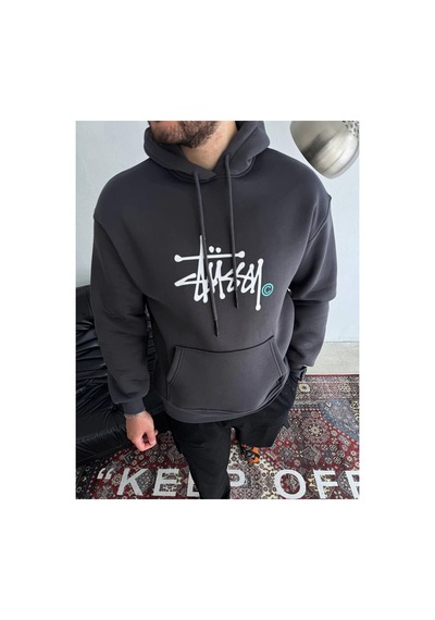 Erkek Üç İplik Kapşonlu Baskılı Sweatshirt - Füme