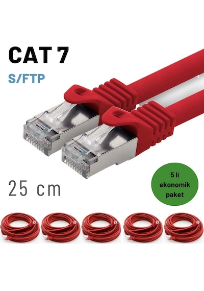 5 Adet 25 Cm Kırmızı , Cat7 Kablo S/ftp Ethernet Network Lan Ağ Kablosu