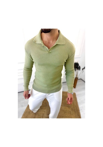 Elku Moda Kazak Slim Fit Polo Yaka Fitilli Yumuşak Dokulu Tüylenmez Sweatshirt Yeşil