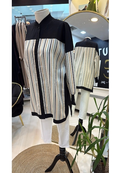 İnvee Ekose Desenli Siyah Camal Tunik 6652 Camel