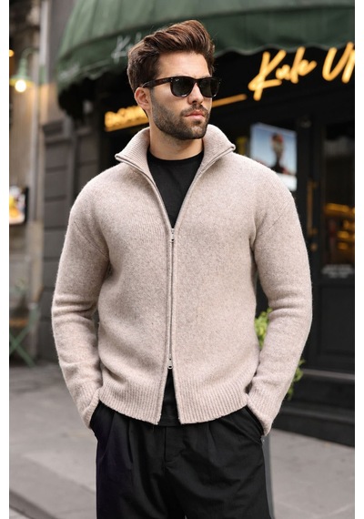 Madmext Taş Rengi Dik Yaka Çift Fermuarlı Erkek Triko Hırka E7528