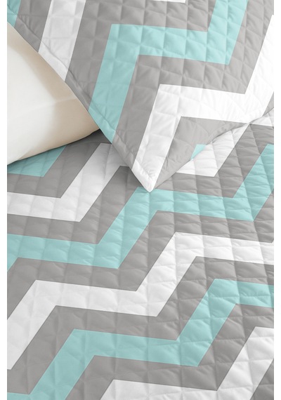 Turkuaz Gri Zigzag Geometrik Genç Odası Tek Kişilik Pike Takımı - 160x220 Cm Kapitone Yatak Örtüsü Doğal Ot Yankısı