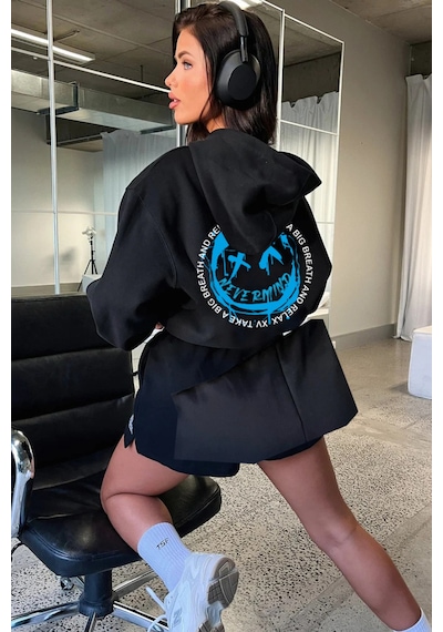 Unisex Kapüşonlu Sweatshirt - Relax Baskılı Oversize Hoodie Siyah