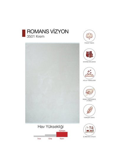 Romans Vizyon 3501 Krem Halı - Akrilik Pamuk Taban Çizgili Krem Halı