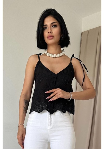 Tanla Butik Siyah Bağcıklı Brode Bluz Siyah