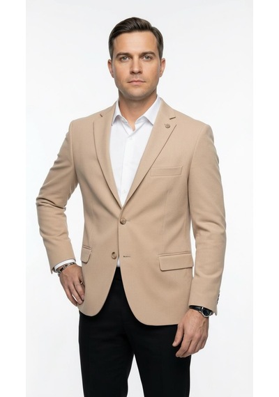 Plus Scorpion Erkek Slim Fit Ceket Likralı Fitilli Kumaş, Çift Düğmeli Tek Yırtmaçlı Modern Tasarım Krem