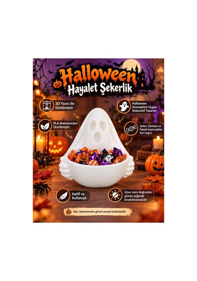 Halloween Hayalet Şekerlik Dekoratif Cadılar Bayramı Şeker Kasesi Beyaz Beyaz