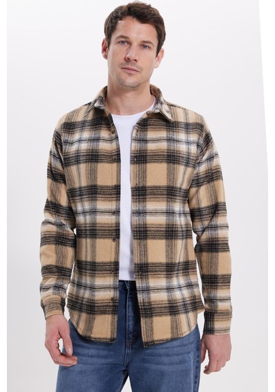 Tudors Erkek Slim Fit Dar Kesim Kareli Kışlık Oduncu Gömlek-42209 Kahverengi