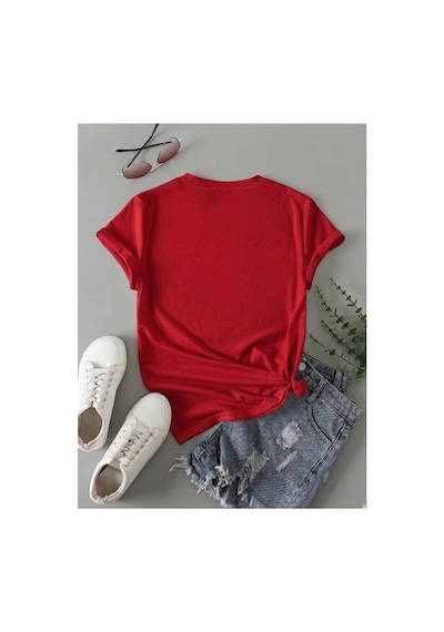 Kadın Time To Travel Baskılı %100 Pamuklu T-shirt Kırmızı