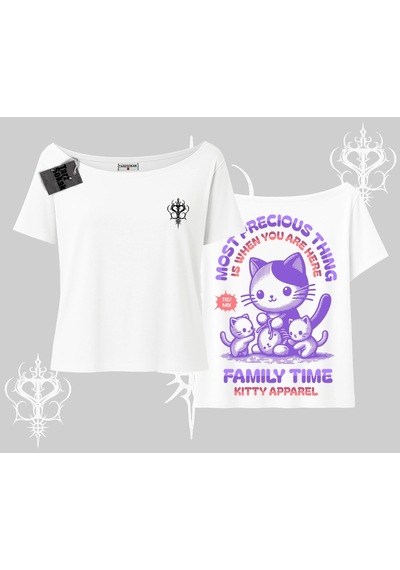 Startmore Startmore Family Time Yazılı Sevimli Anne Kedi Arka Baskılı Kayık Yaka Tshirt Beyaz