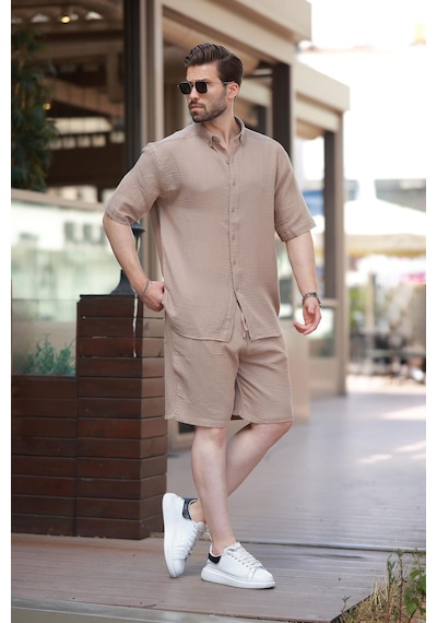 Madmext Camel Basic Erkek Şort Gömlek Takım E7321 CAMEL