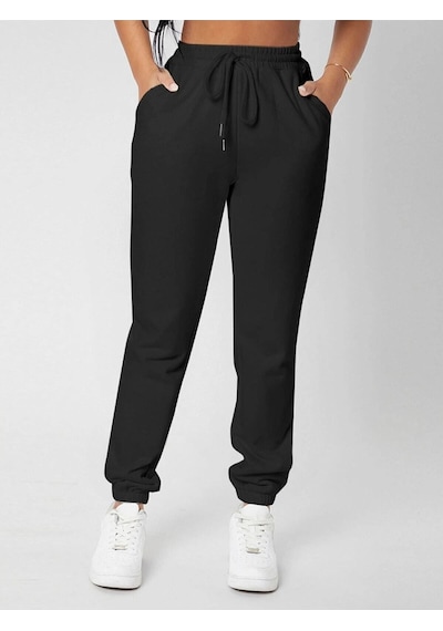 Unisex Siyah 2iplik Paçası Lastikli Jogger Eşofman Altı Siyahlastikli