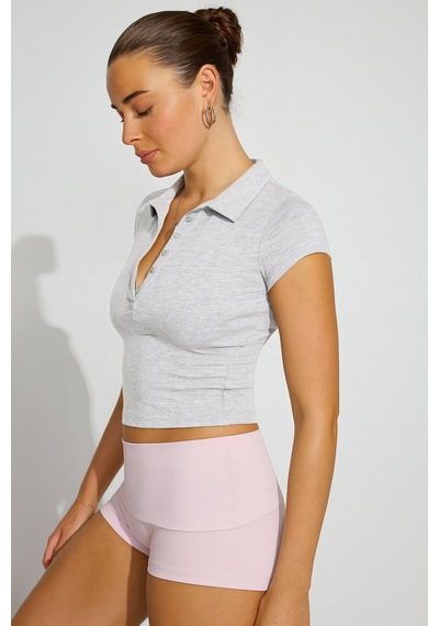 Grimelanj Polo Yaka Basic Kadın Tişört Mg2455 Gri Melanj