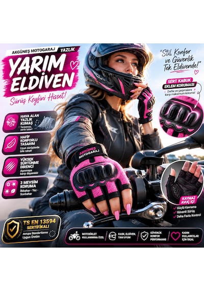 Akgüneş Motogaraj Pembe Motosiklet Eldiveni Yazlık Hava Alan Korumalı Dokunmatik Uyumlu Kadın Motosiklet Eldiveni