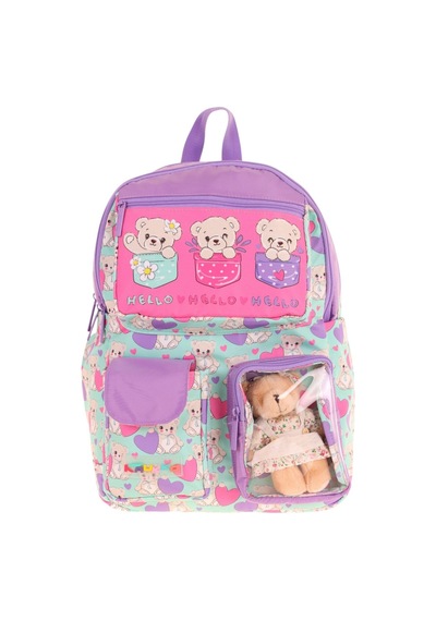 Kaukko Kız Çocuk Peluş Ayıcıklı İlkokul Okul Sırt Çantası - Yeşil Mor - L5239 Yeşil - Mor