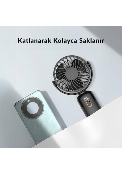 Warmco K70 Taşınabilir Şarjlı El Vantilatörü 2400mah 360 Döner Başlıklı Ve Standlı Dijital Ekranlı Soğutucu Fan Siyah
