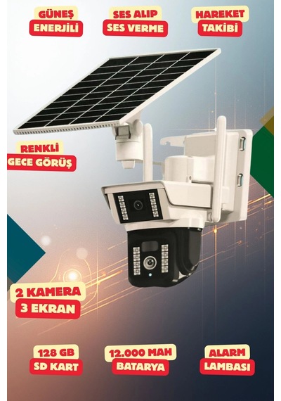 4k Simkartlı Güneş Enerjili 3 Kameralı Güvenlik Kamerası Renkli Gece Görüş Sesli 360 Derece W06
