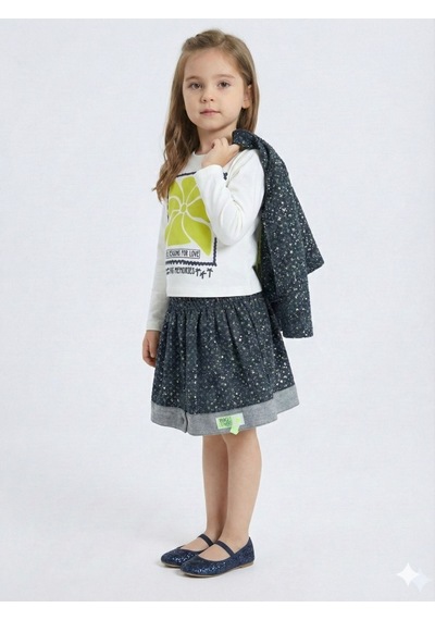 Xo Kids Simli Kumaş Kapüşonlu 3lü Kız Çocuk Etek Takımı 3-7 Yaş 4416 Lacivert