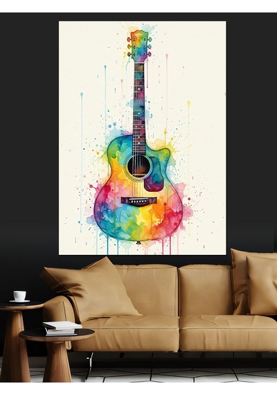 Sulu Boya Gitar Soyut Çizim Dekoratif Kanvas - Mdf Ahşap Tablo