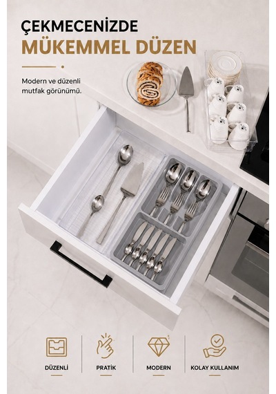 Çekmece İçi Kaşıklık Organizer Bölmeli Mutfak Düzenleyici Gri S-11030 Beyaz