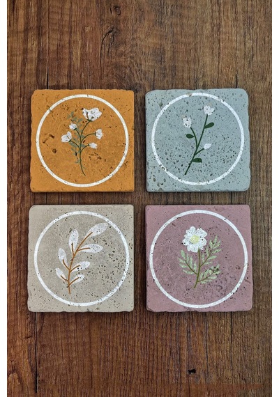 Doğal Taş Bardak Altlığı 4'lü Set - Çiçek Desenli - Stone Coasters Çok Renkli